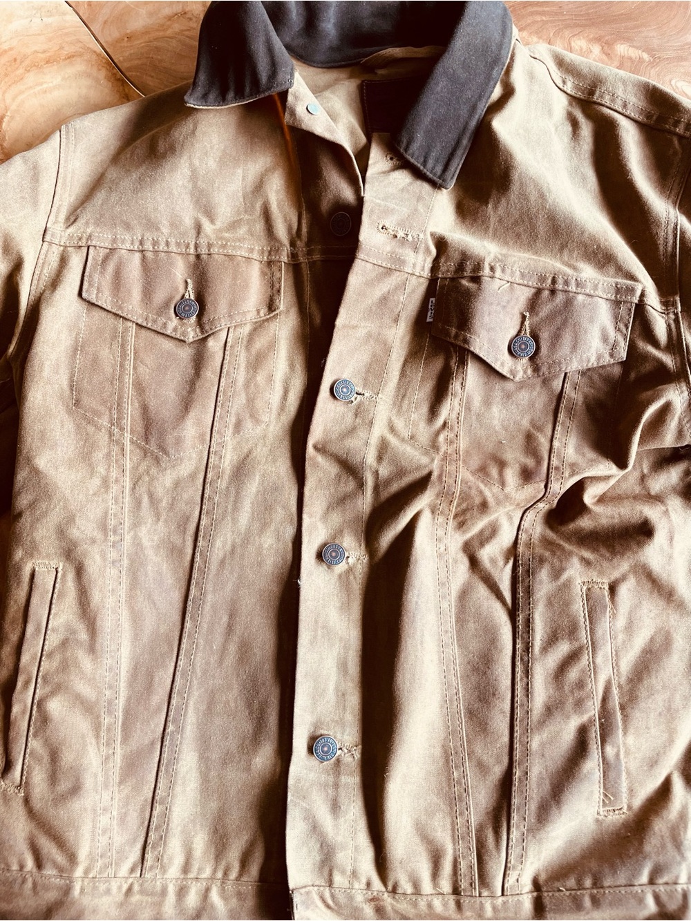 Filson x Levi's Tan Waxed Trucker Jacket with Dark Contrast Collar